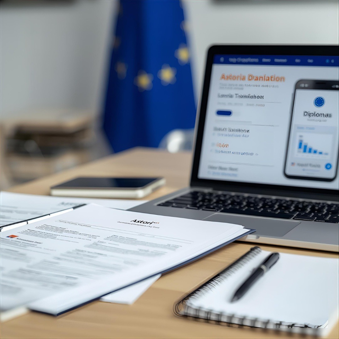 Übersetzungsdienstleister Astoria Übersetzungen präsentiert eine übersichtliche Arbeitsfläche mit Schulzeugnis, Diplom, Laptop und EU-Flagge – symbolisiert professionelle Beglaubigung und reibungslose Behördenabwicklung in Deutschland.